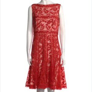 TADASHI SHOJI Lace Overlay Embroidered knee length dress in Red/ Orange